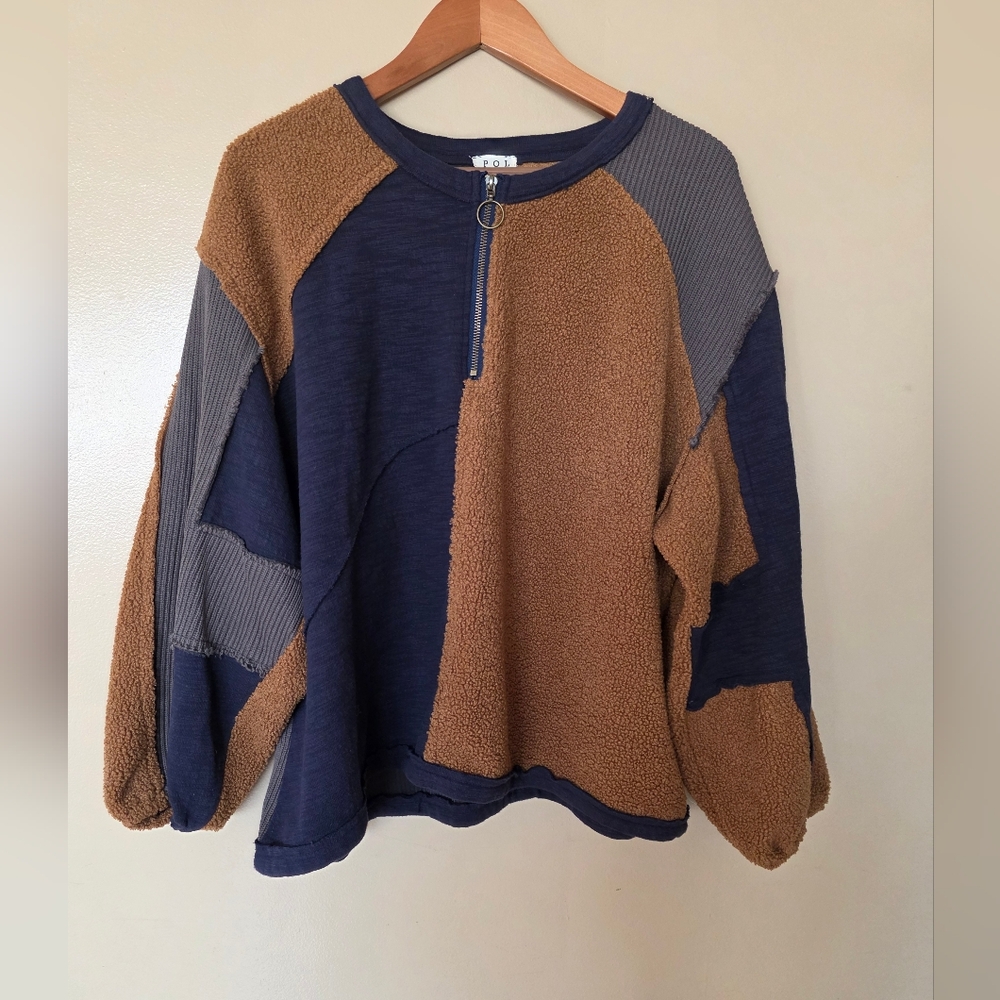 POL Color Block HalfZip Sweatshirt L Oversized Dropped Shoulder Sherpa Boho Cozy